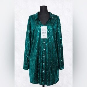 Ashley Stewart Teal Sequin Long Sleeve Dress